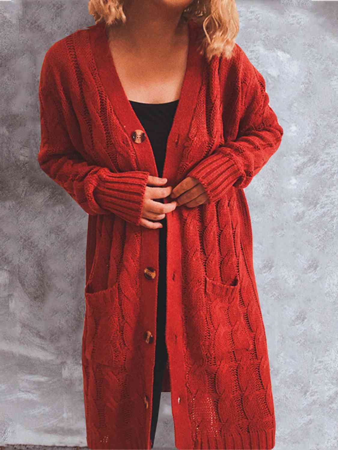 Button Up Cable-Knit Cardigan with Pockets