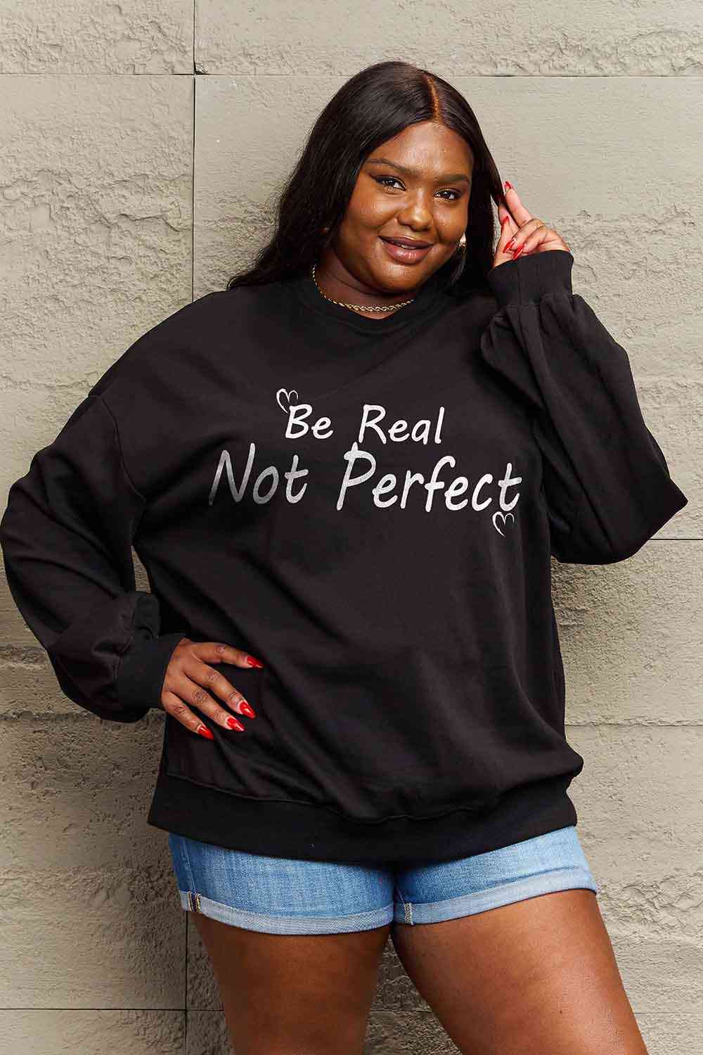 Simply Love Full Size BE REAL NOT PERFECT Graphic Sweatshirt