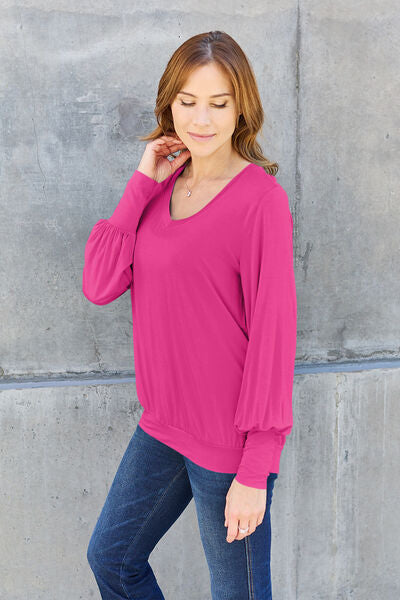 Full Size V-Neck Lantern Sleeve Blouse