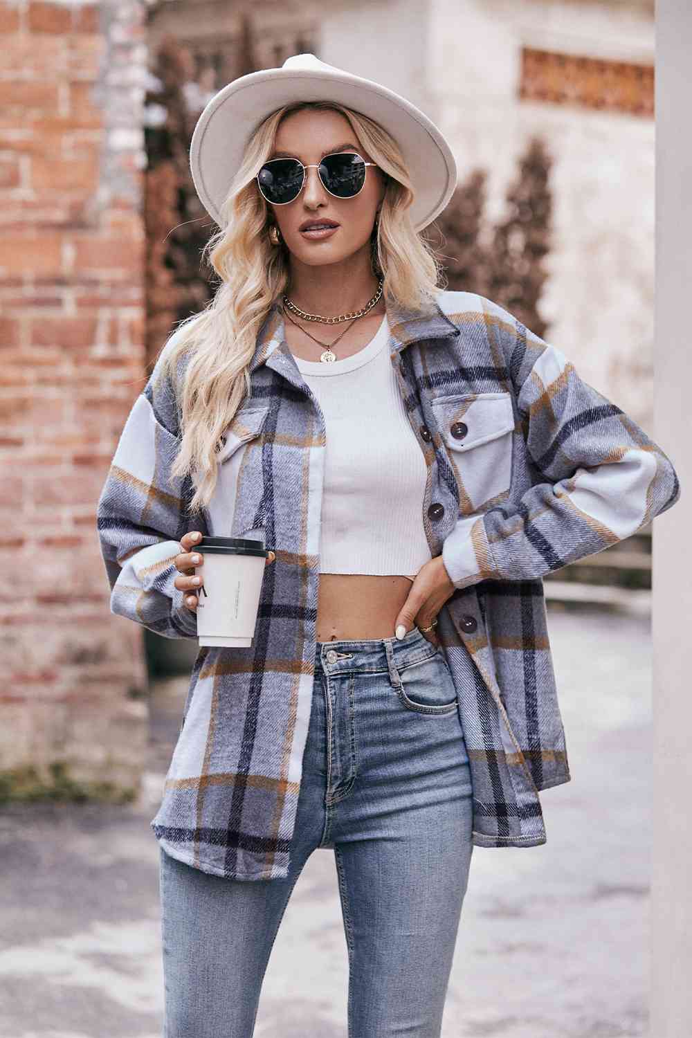 Plaid Long Sleeve Shirt Jacket with Pockets