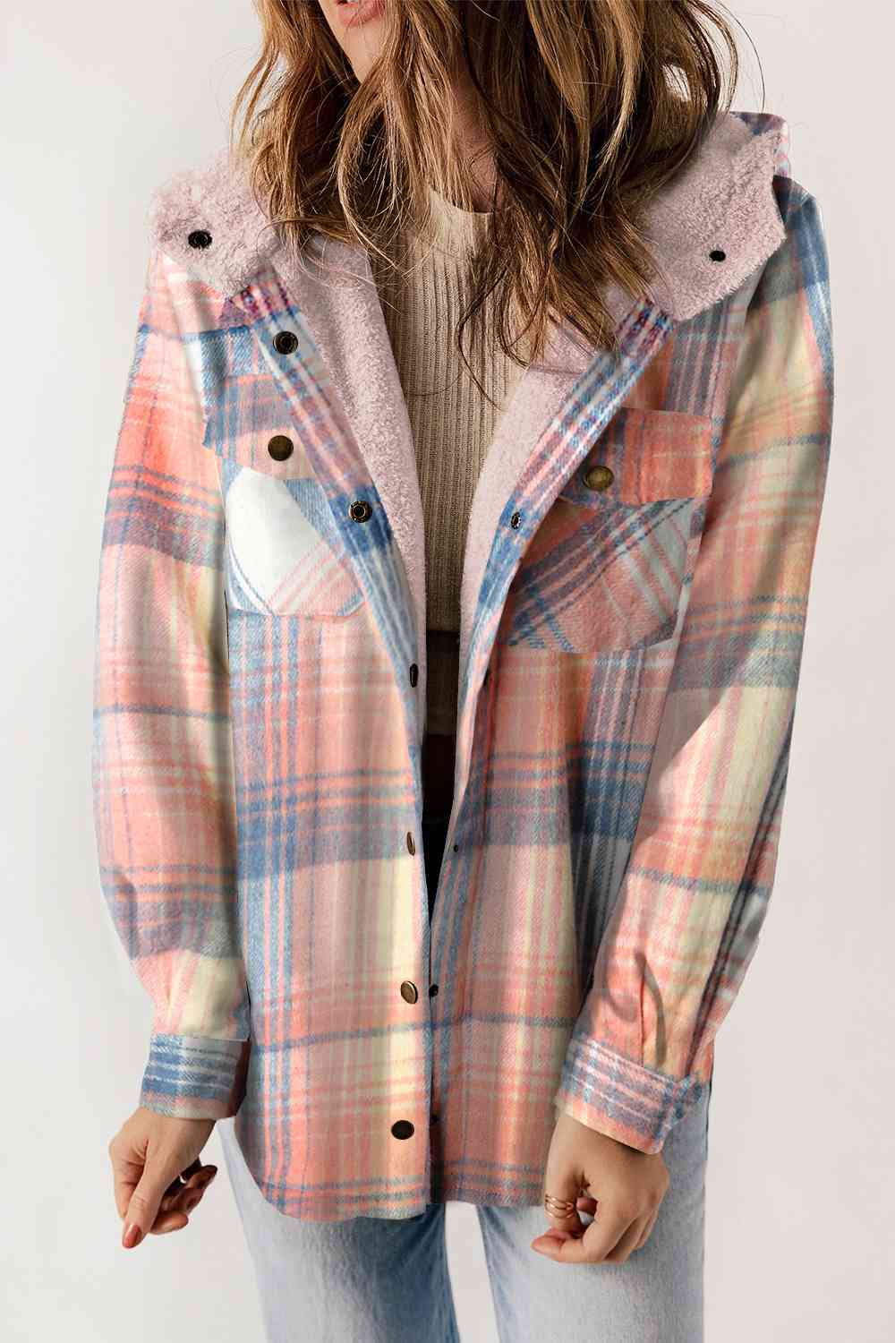 Plaid Snap Down Hooded Jacket