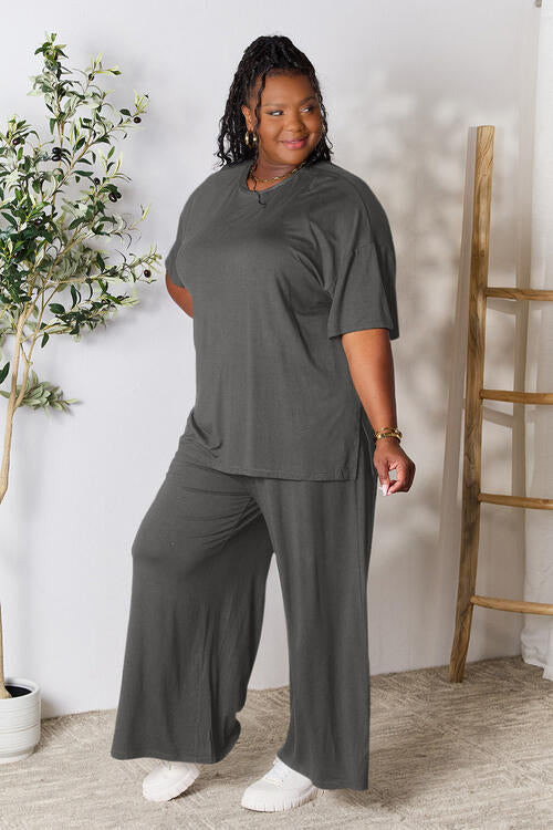 Full Size Round Neck Slit Top and Pants Set