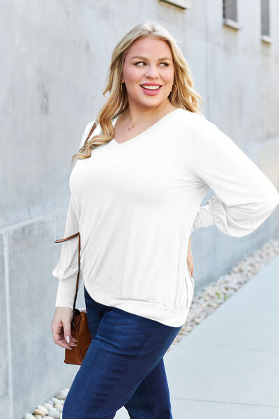 Full Size V-Neck Lantern Sleeve Blouse