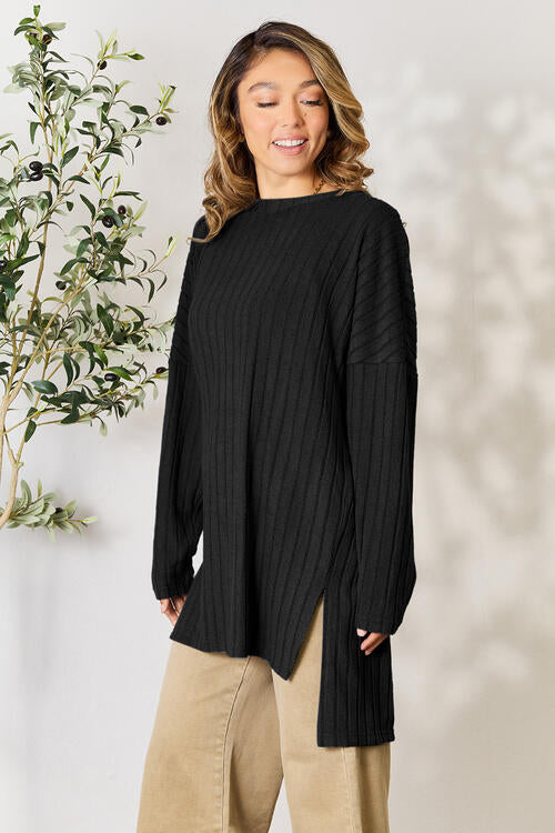 Full Size Ribbed Round Neck Long Sleeve Slit Top