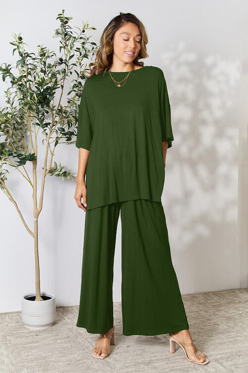 Full Size Round Neck Slit Top and Pants Set