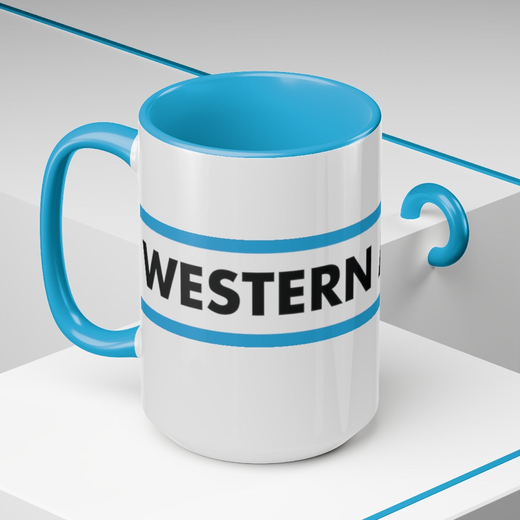 Western Ave box logo Blue Two-Tone Coffee Mugs, 15oz