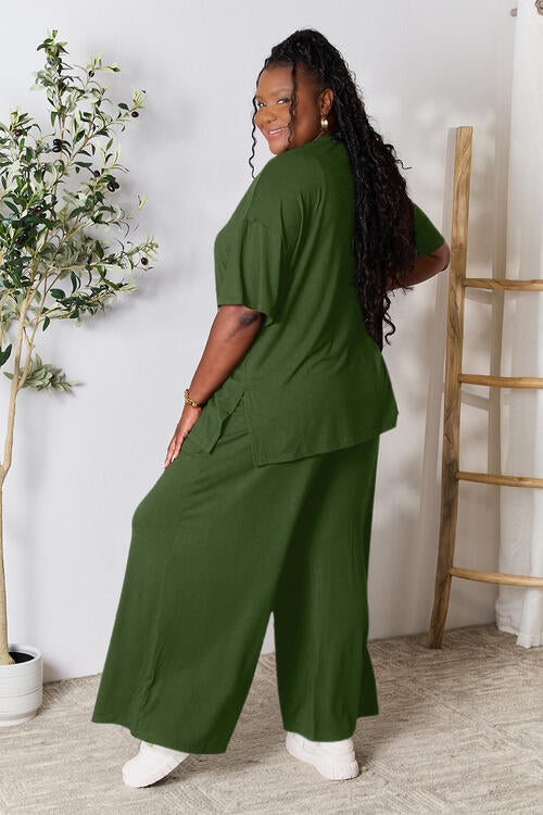 Full Size Round Neck Slit Top and Pants Set