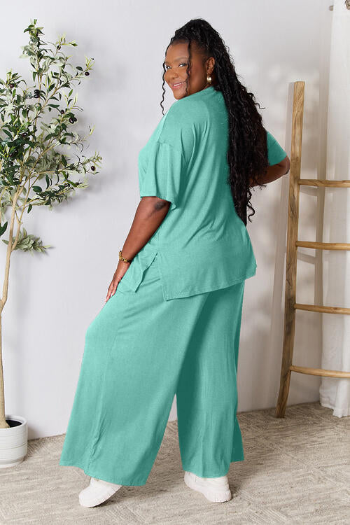 Full Size Round Neck Slit Top and Pants Set