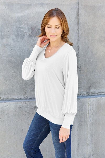 Full Size V-Neck Lantern Sleeve Blouse