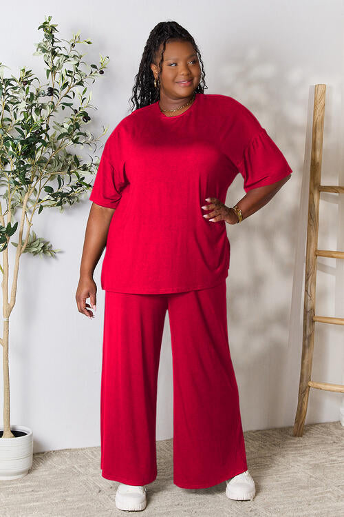 Full Size Round Neck Slit Top and Pants Set