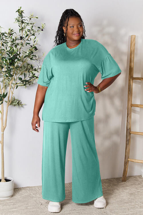 Full Size Round Neck Slit Top and Pants Set