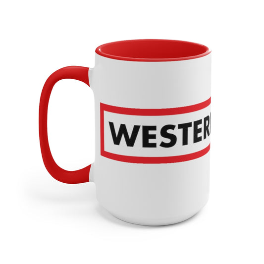 Western Ave Box Logo Red Two-Tone Coffee Mugs, 15oz