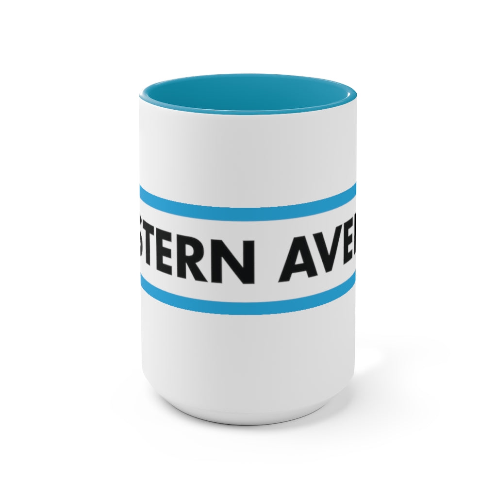 Western Ave box logo Blue Two-Tone Coffee Mugs, 15oz