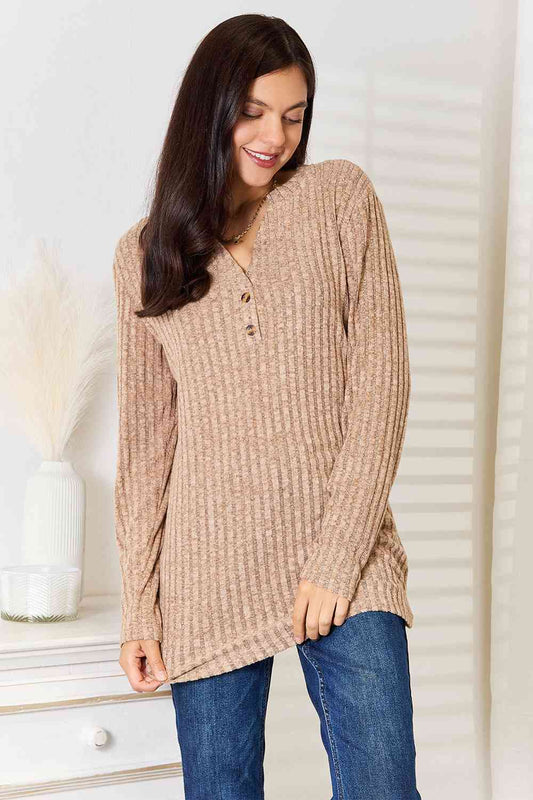 Notched Neck Ribbed Long Sleeve T-Shirt