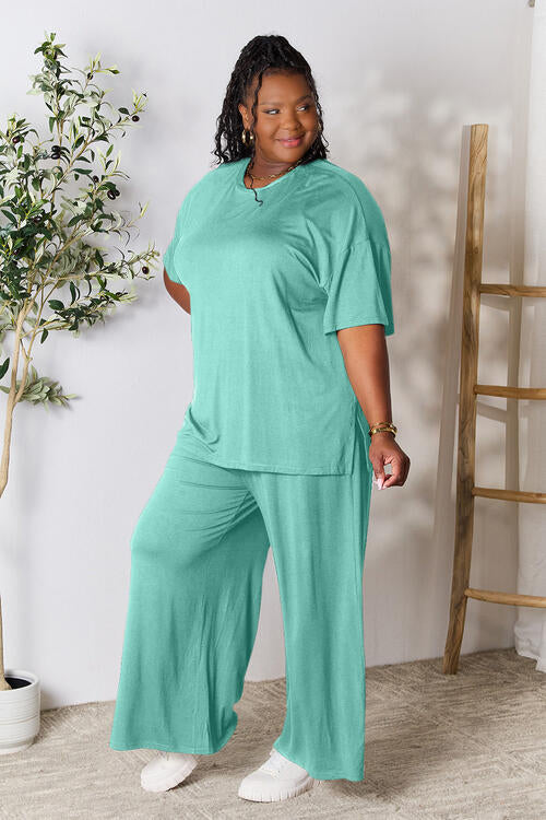 Full Size Round Neck Slit Top and Pants Set