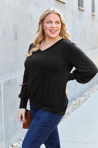 Full Size V-Neck Lantern Sleeve Blouse