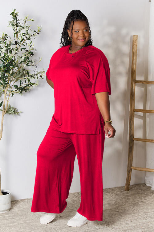 Full Size Round Neck Slit Top and Pants Set