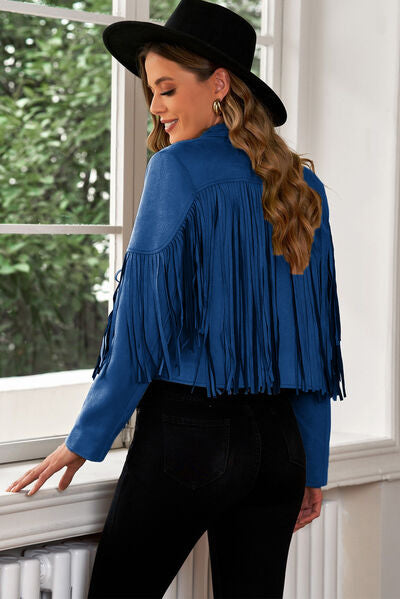 Fringe Trim Lapel Collar Cropped Blazer