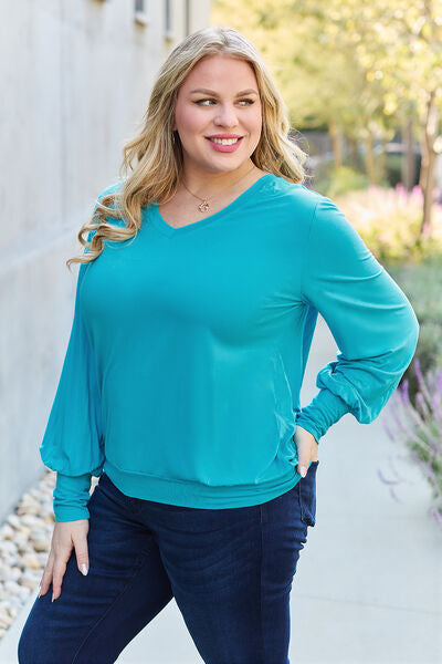 Full Size V-Neck Lantern Sleeve Blouse