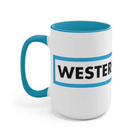 Western Ave box logo Blue Two-Tone Coffee Mugs, 15oz