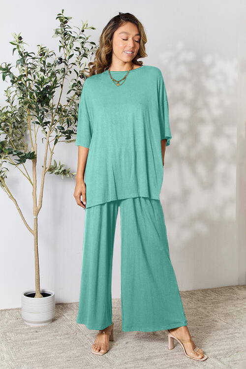 Full Size Round Neck Slit Top and Pants Set