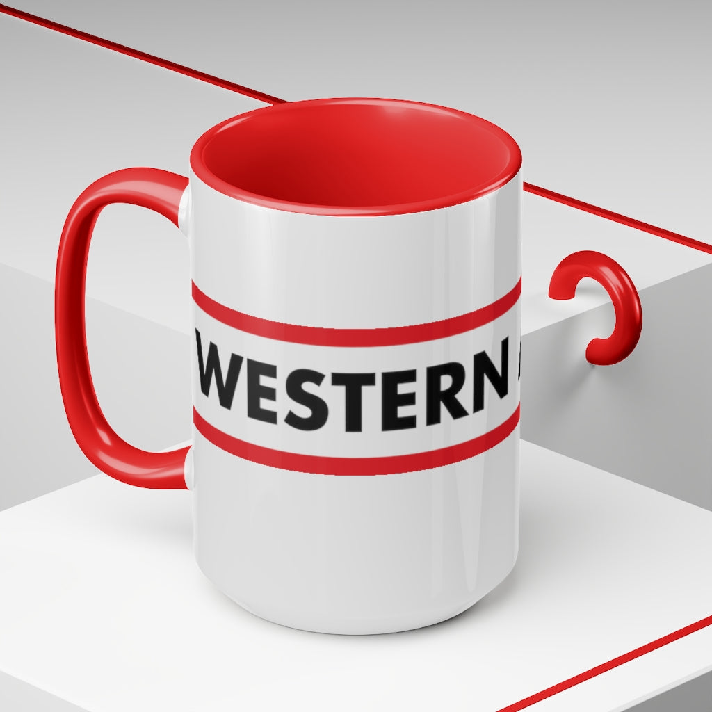 Western Ave Box Logo Red Two-Tone Coffee Mugs, 15oz