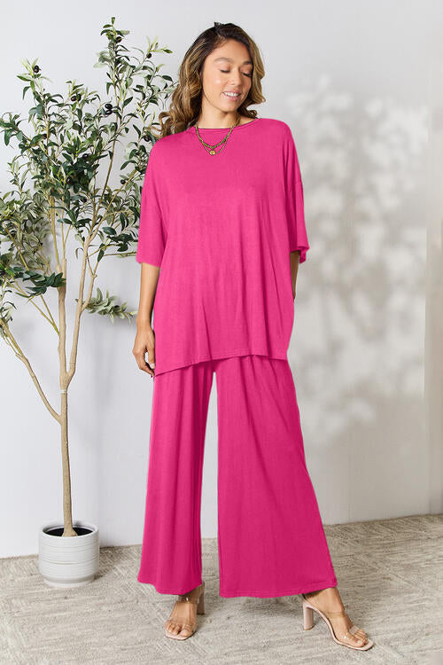 Full Size Round Neck Slit Top and Pants Set