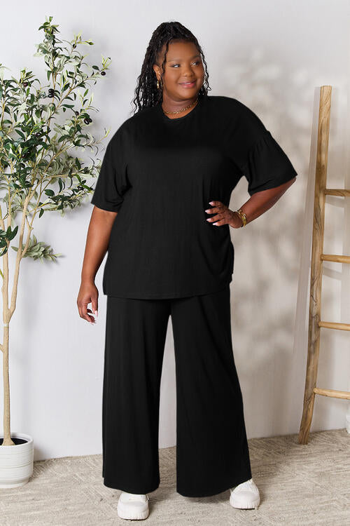 Full Size Round Neck Slit Top and Pants Set