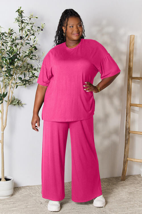 Full Size Round Neck Slit Top and Pants Set