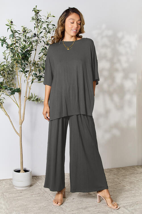 Full Size Round Neck Slit Top and Pants Set