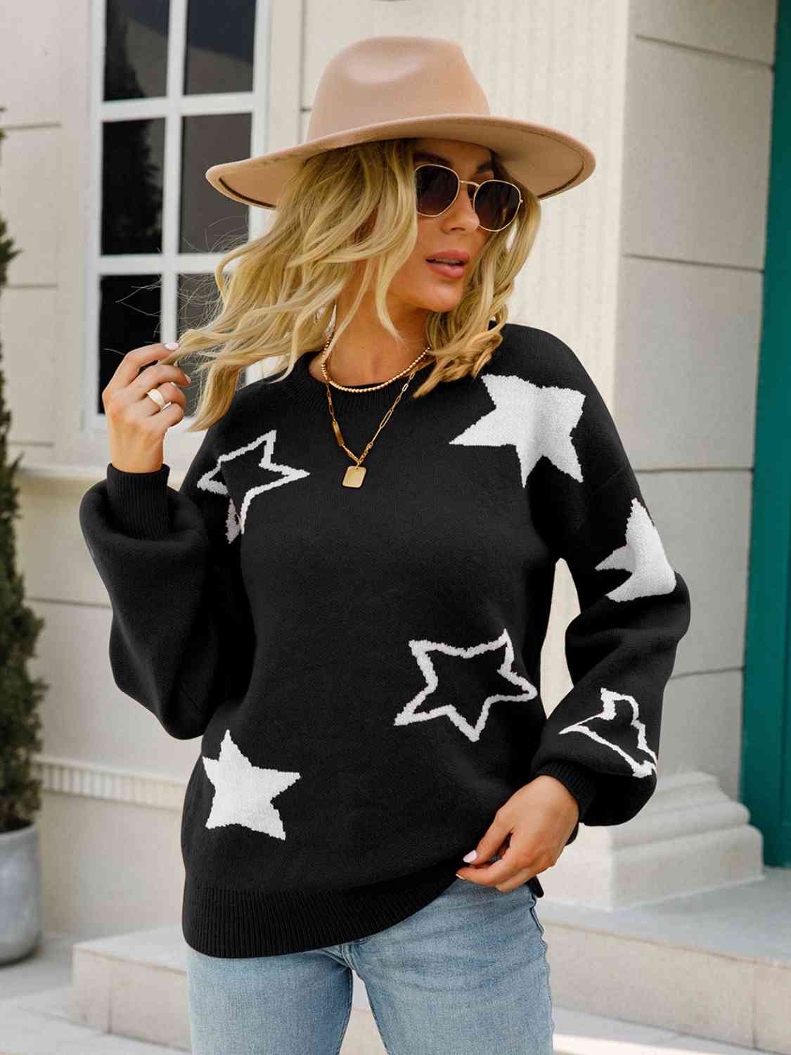 Star Round Neck Long Sleeve Sweater