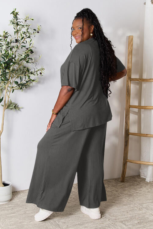 Full Size Round Neck Slit Top and Pants Set