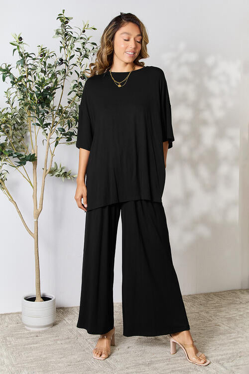 Full Size Round Neck Slit Top and Pants Set